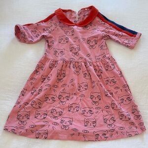 Mini Rodini Pink Cat Print Girls' Dress with Red Collar